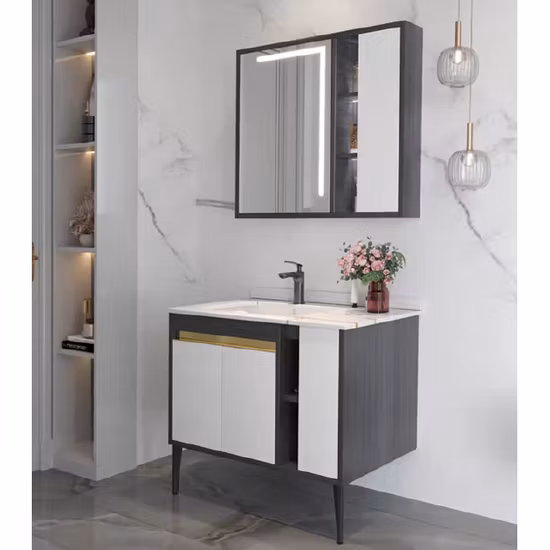 Chinese Style Luxury Floor Wooden Bathroom Cabinet Marble Double Sink Vanity Cabinet